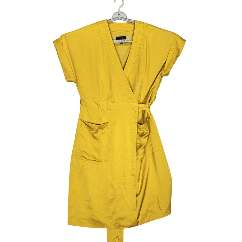 J.Crew Womens XXL Mustard Yellow Satin Wrap Dress Short Sleeve Pockets Lined - Picture 2 of 8